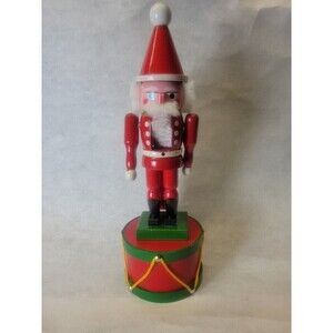 Vintage Wood Nutcracker Red Standing On Drum Christmas White Hair 13.5"